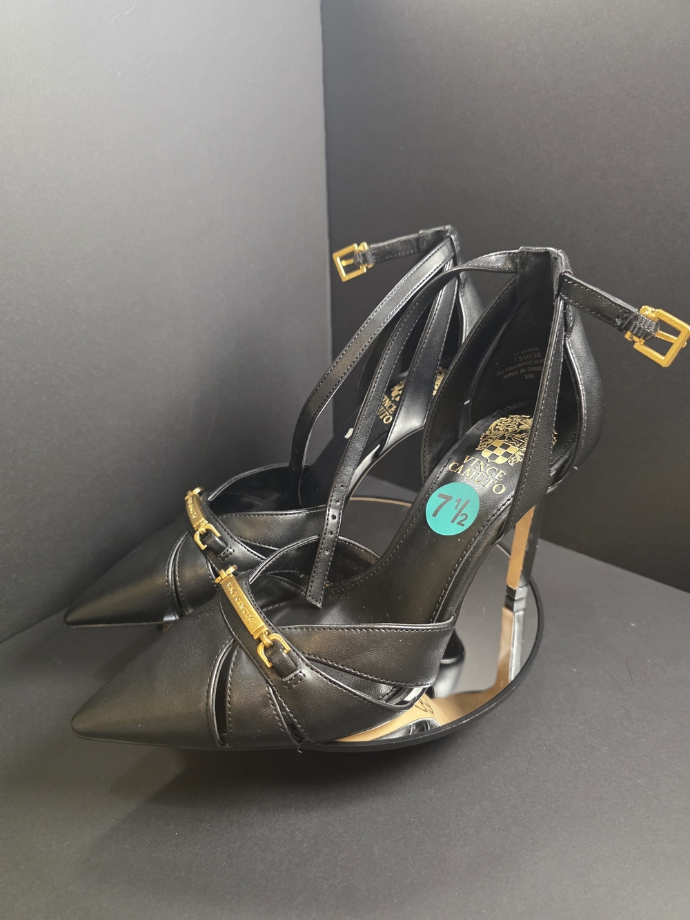 Vince Camuto Black Leather Pointed-Toe Ankle-Strap Heels with Gold Buckle